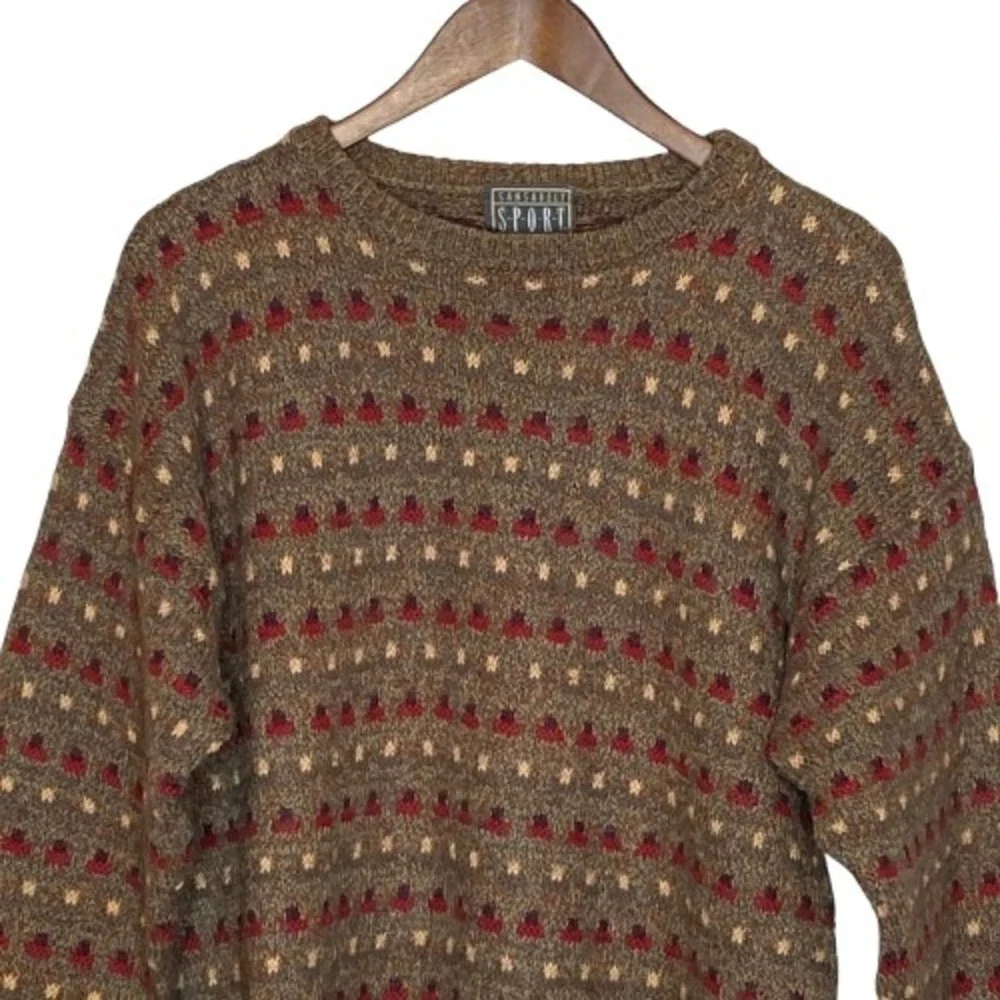 Vintage Mens Fair Isle Style Geometric Wool Blend Sweater M Brown Lodge Grandpa